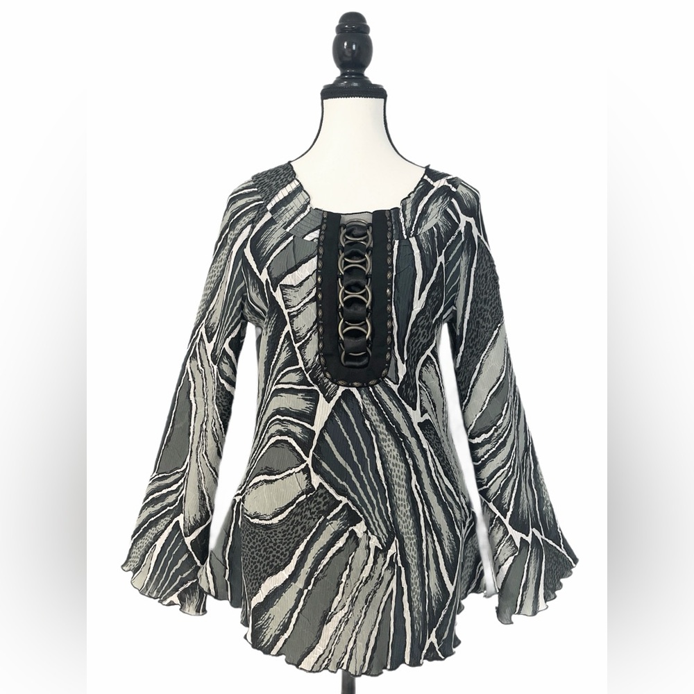 Alberto Makali Black, White and Grey Bell Sleeve Tunic Blouse - Size M